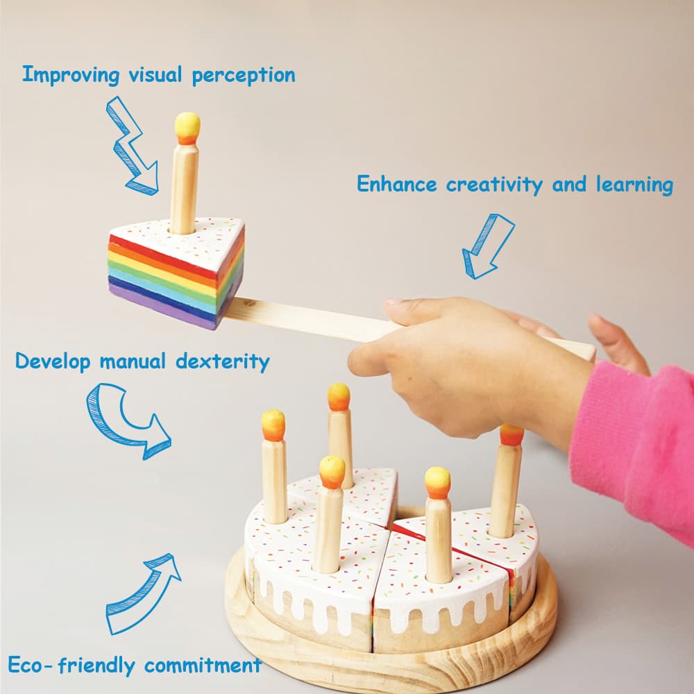 Wooden Rainbow-Filled Vanilla Cake Toy with 6 Slices & Candles | Montessori Pretend Play Set