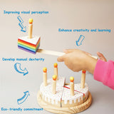 Wooden Rainbow-Filled Vanilla Cake Toy with 6 Slices & Candles | Montessori Pretend Play Set
